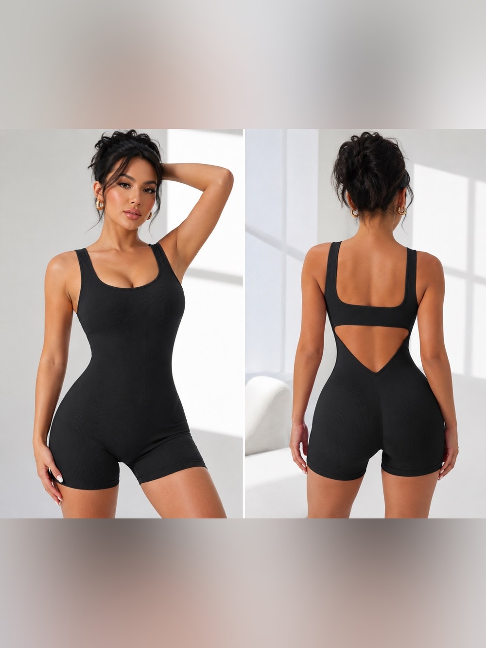 Black Ribbed Scoop-Back Romper Bodysuit - Size Large